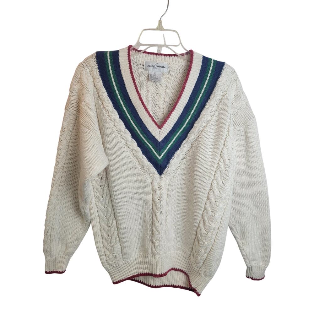 Vtg Casual Corner Sweater White‎ Navy Green V-Neck Cable-Knit Women's Size Large